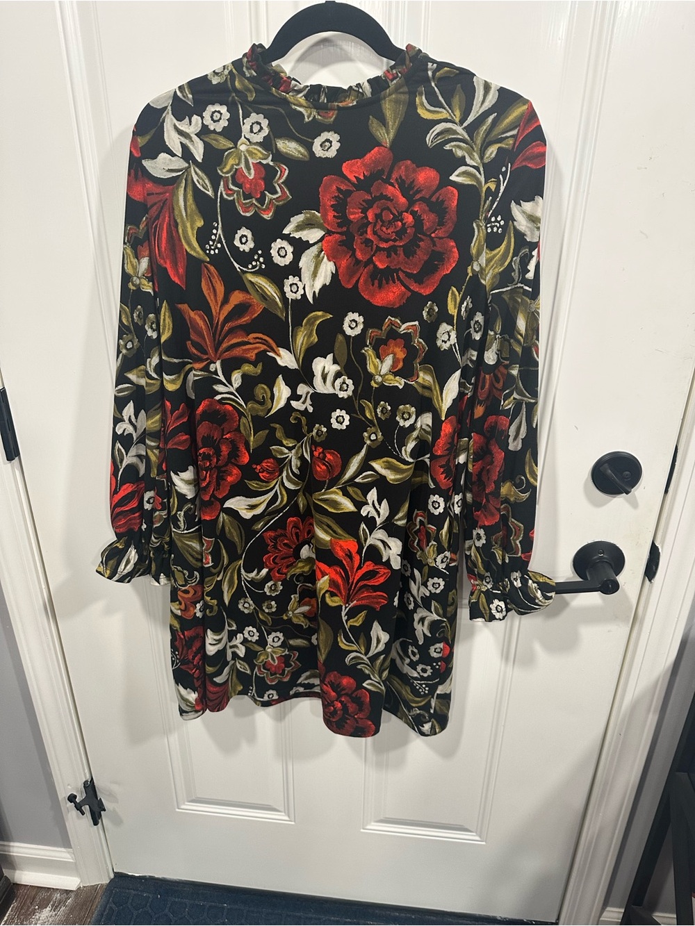 Maurices Black Floral Mock-Neck Tunic with Red & Olive Accents